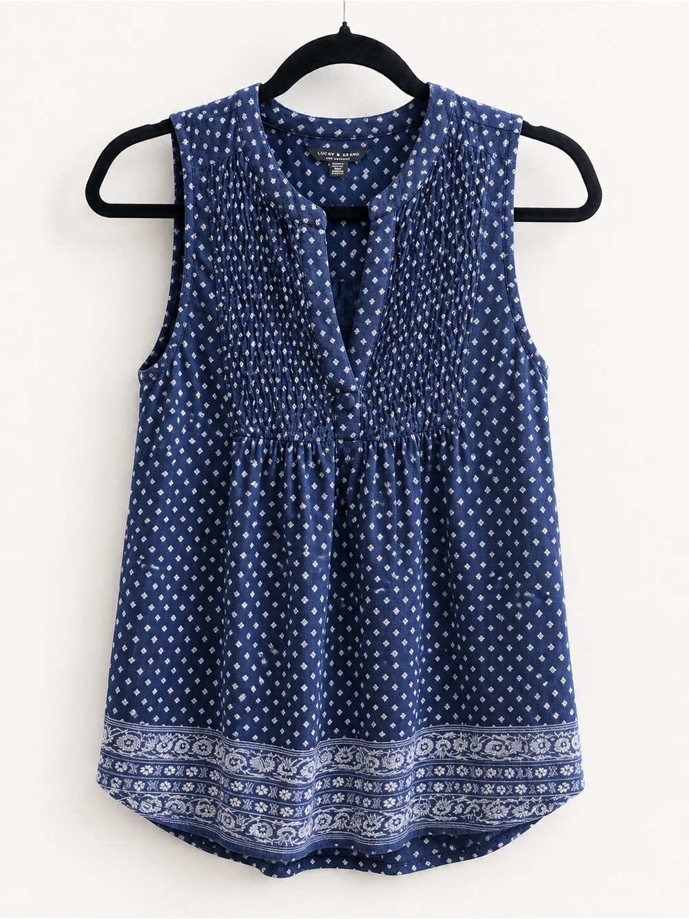 Lucky Brand Navy Blue Printed Smocked V-Neck Tank